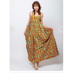 ODEEH Womens Floral Cotton Maxi Dress Blue Purple Yellow Square Neck Pockets 40